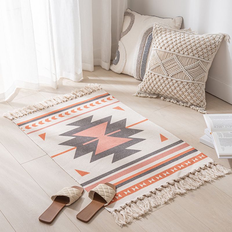 Calming Tribal Print Rug Cotton Fringe Carpet Pet Friendly Indoor Rug for Living Room