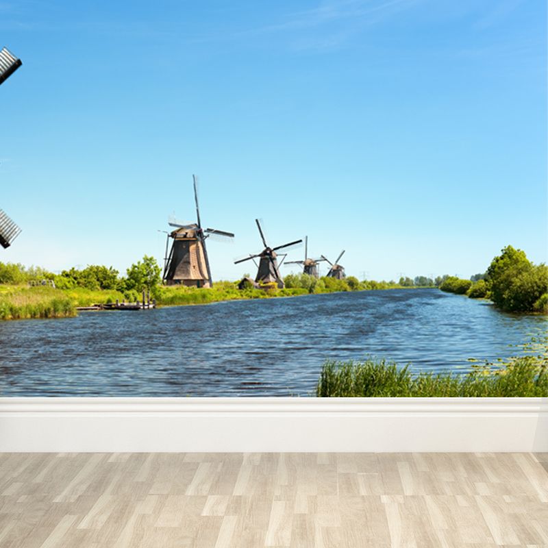 Full Size Photography Modern Mural Wallpaper with Windmill and Grassland in Green