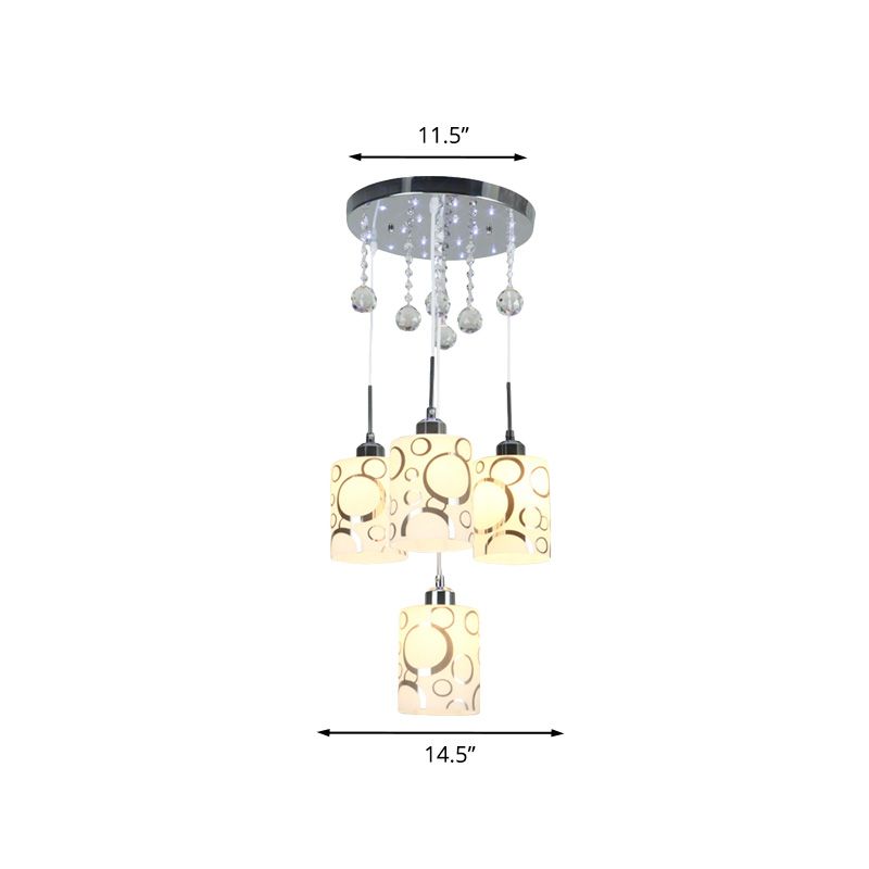 Gemustertes Glaszylinder Multiple Hanging Lamp Modernismus 4 Lampen -Pendel -Licht in Chrom mit Kristalltrope