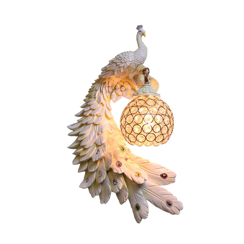 Cotta de pared de pavo real un solo cabeza Cottage White/Red/Blue Resin Wall Lighture con sombra de cristal K9 transparente, izquierda/derecha