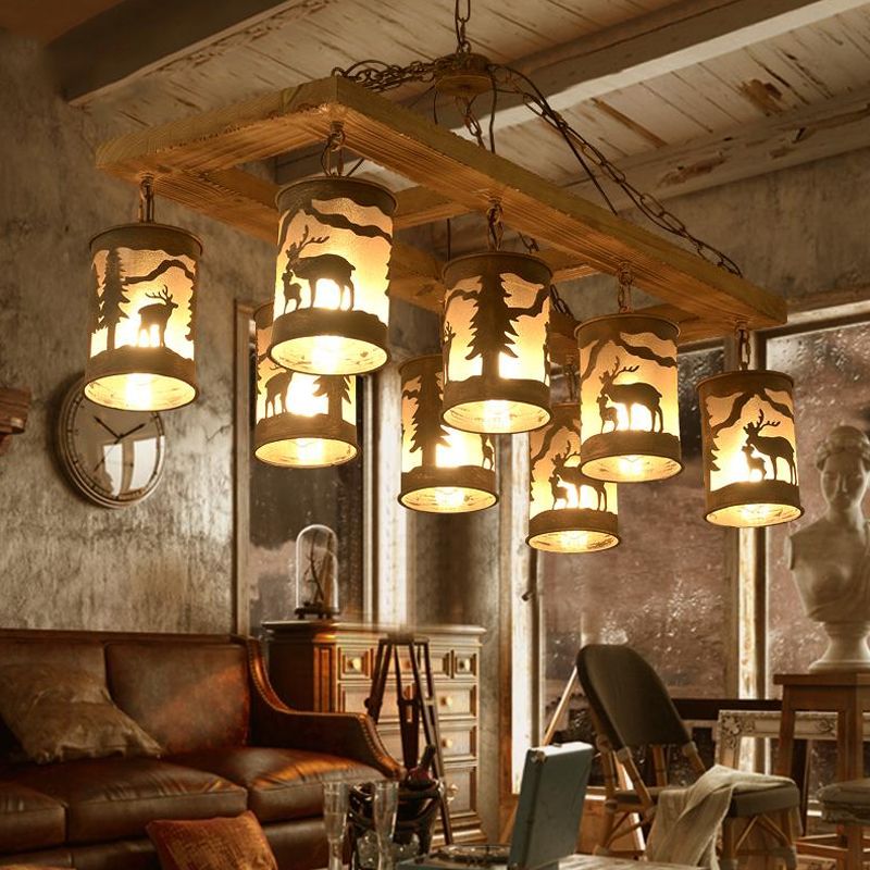 8 Lights Ceiling Light Country Style Linear Wood and Metal Hanging Chandelier in Bronze