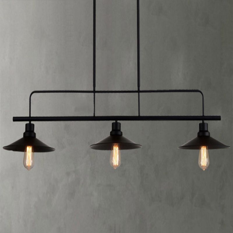 3-Lights Wrought Iron Island Light Industrial Style Metal Saucer Shade Lighting Pendant in Black