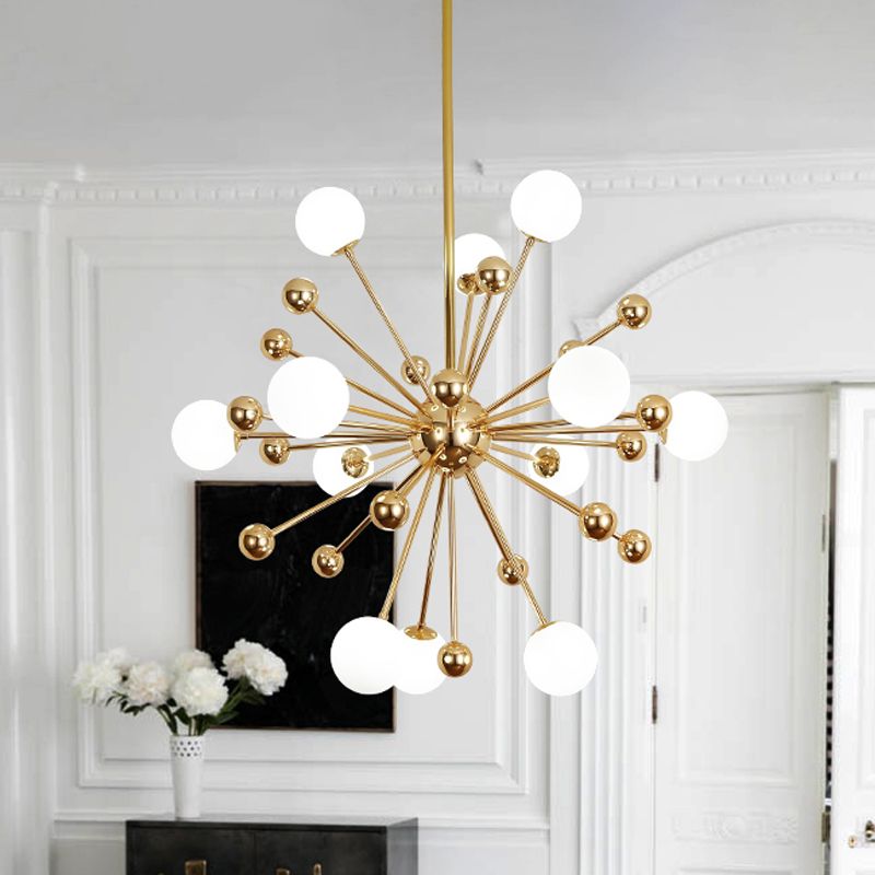 Designer Starburst Metal Chandelier Multi Lights Gold Ceiling Pendant Lamp with White Glass Ball Shade, 23.5"/31.5"/39" Wide