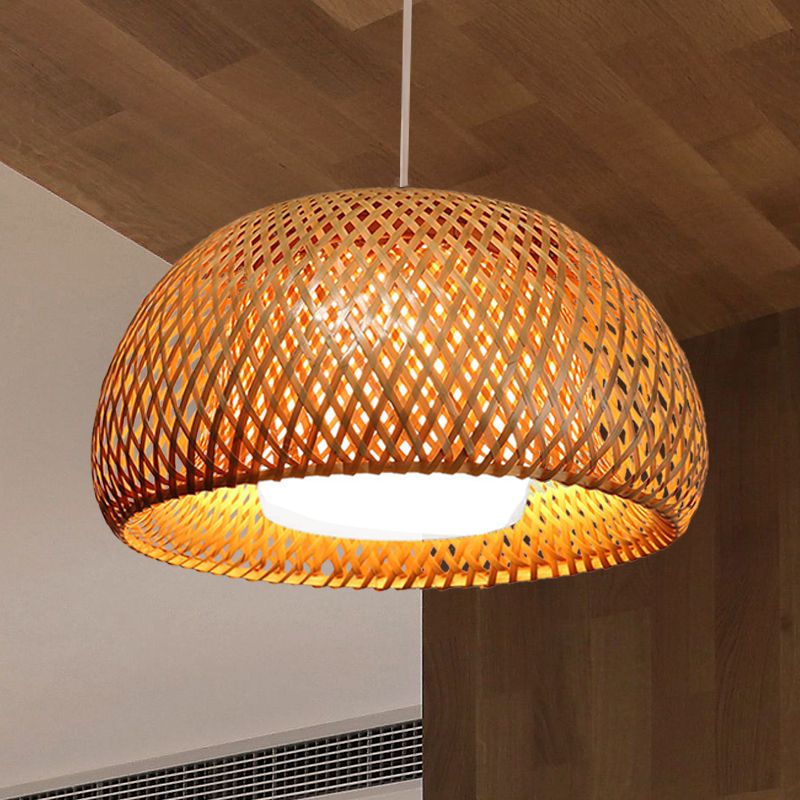 Bamboo Double-Decker Domed Hanging Lamp Rustic 1 Light Suspended Light for Restaurant Dining Room