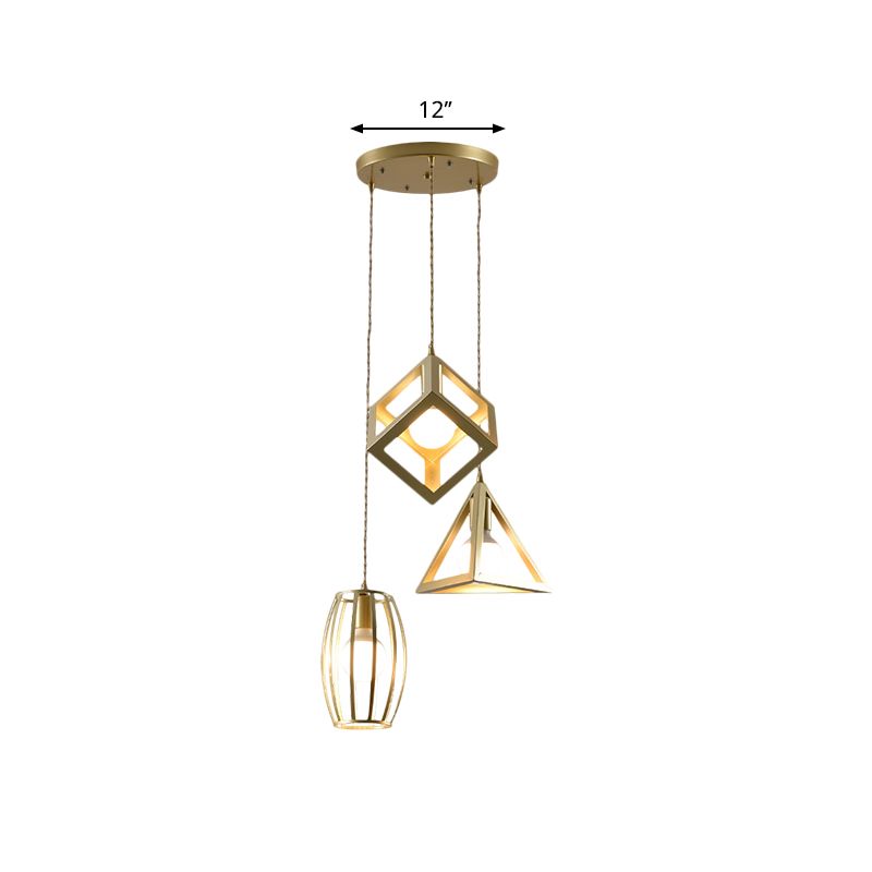 Metal Golden Hanging Lamp Wire Frame 3 Lights Farmhouse Suspended Light with Round/Linear Canopy for Living Room