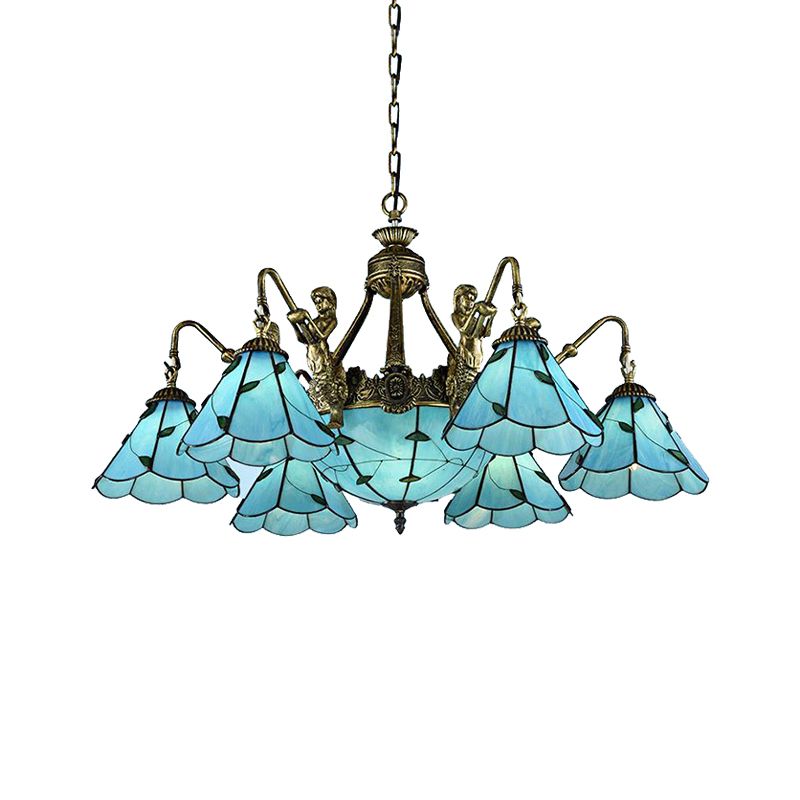 9 Lights Dining Room Ceiling Lamp Tiffany Blue Chandelier Light with Cone Stained Glass Shade