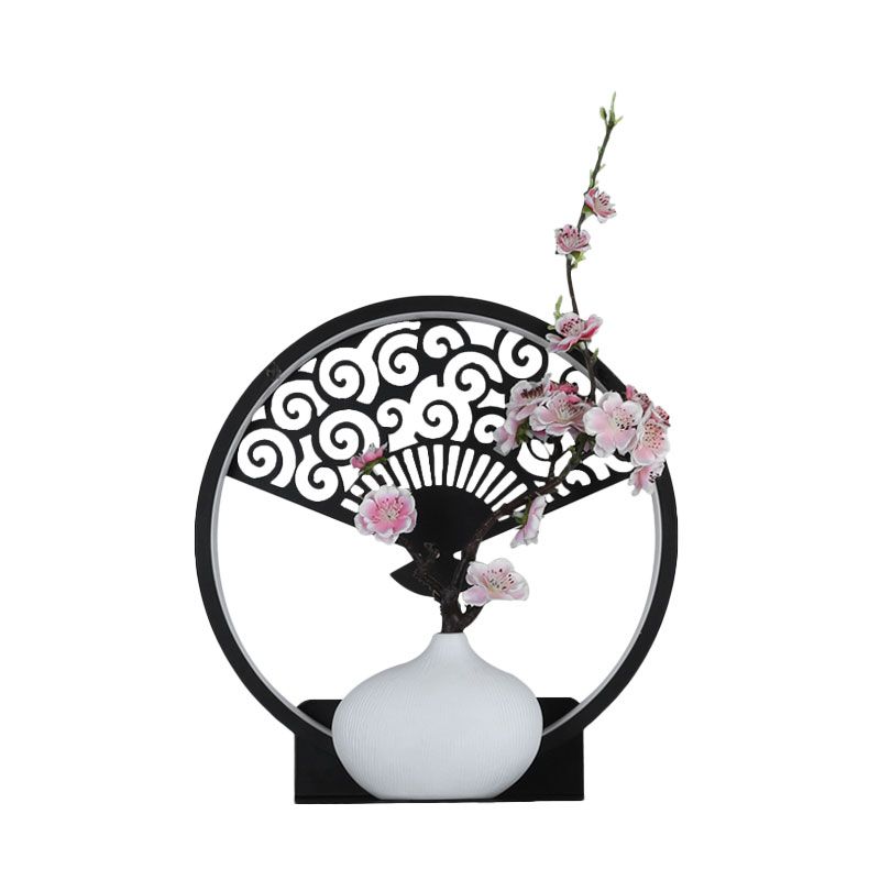 Rounded Metallic Wall Mural Lamp Oriental LED Black Wall Mounted Light Fixture with Fan and Plum Pattern, Warm/White Light