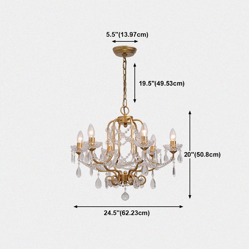 Gold Chandelier Lamp Vintage Metal Candle Suspension Pendant Light with Crystal Drop