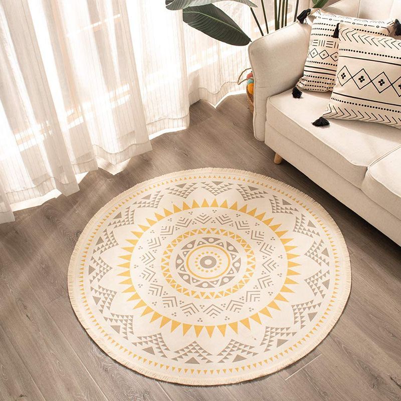 Rapis simple Rapis tribal Tribal Tapis rond Mélange de coton lavable avec frange