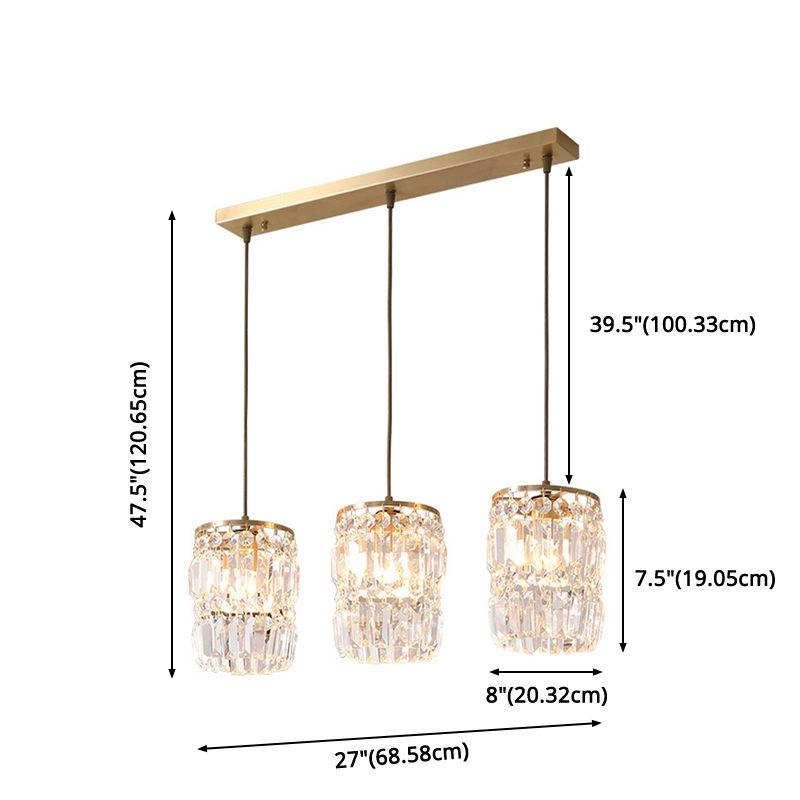 3-Lights K9 Crystal Drops Shade Island Light Brass Contemporary Style Kitchen Bar Hanging Lamp in Gold