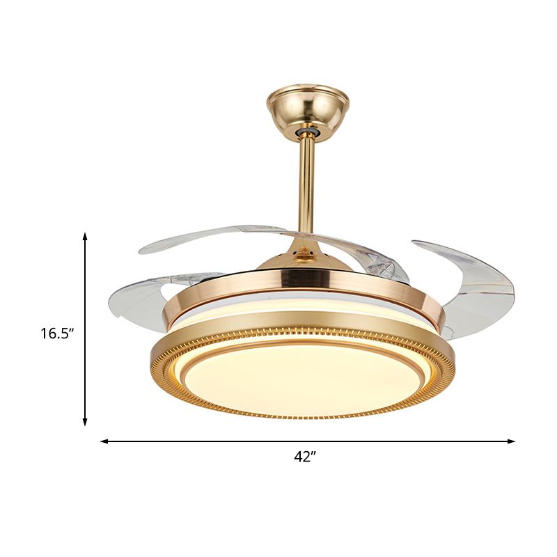 42 "Breedte Acryl Gold ventilatorlamp Ronde LED Minimalistisch semi -spoelbevestigingsplafondlicht met externe/wandregeling, 4 heldere messen