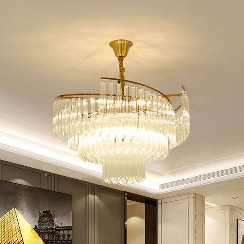 Layered Living Room Ceiling Lighting Clear Crystal Postmodern Chandelier Light Fixture in Gold