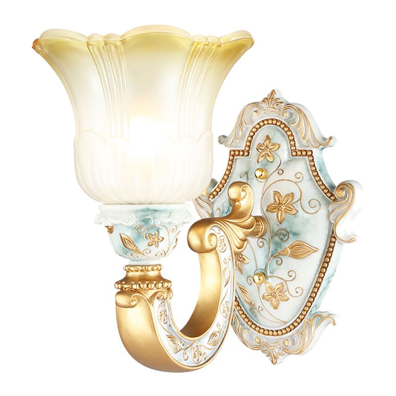 Gold Single Light Wall Lamp Rural Style Opaline Glass Floral Wall Mounted Lighting with Curvy Arm
