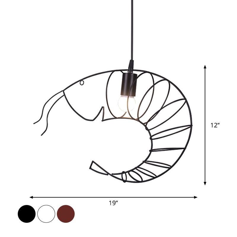 1 Light Metal Hanging Lamp Retro Stylish Black/Red/White Shrimp Dining Room Pendant Light with Wire Guard
