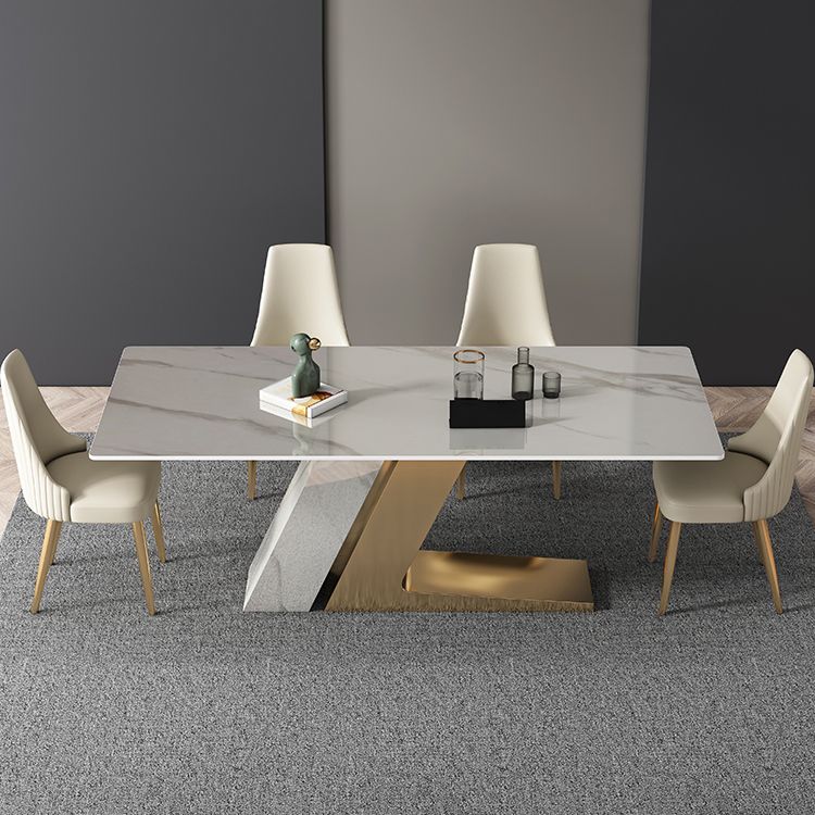 Modern Sintered Stone Table Set of 5 with Rectangle Table Dining Set with White PU Leather Chairs