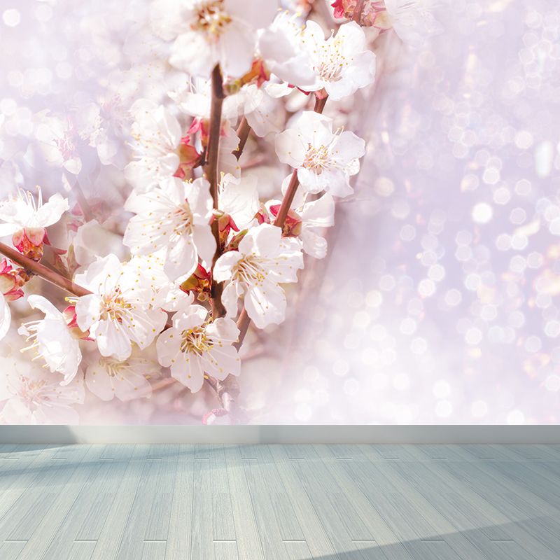 Contemporary Flower Bud Wall Mural Non-Woven Stain-Proofing White Wall Decor for Boys Room