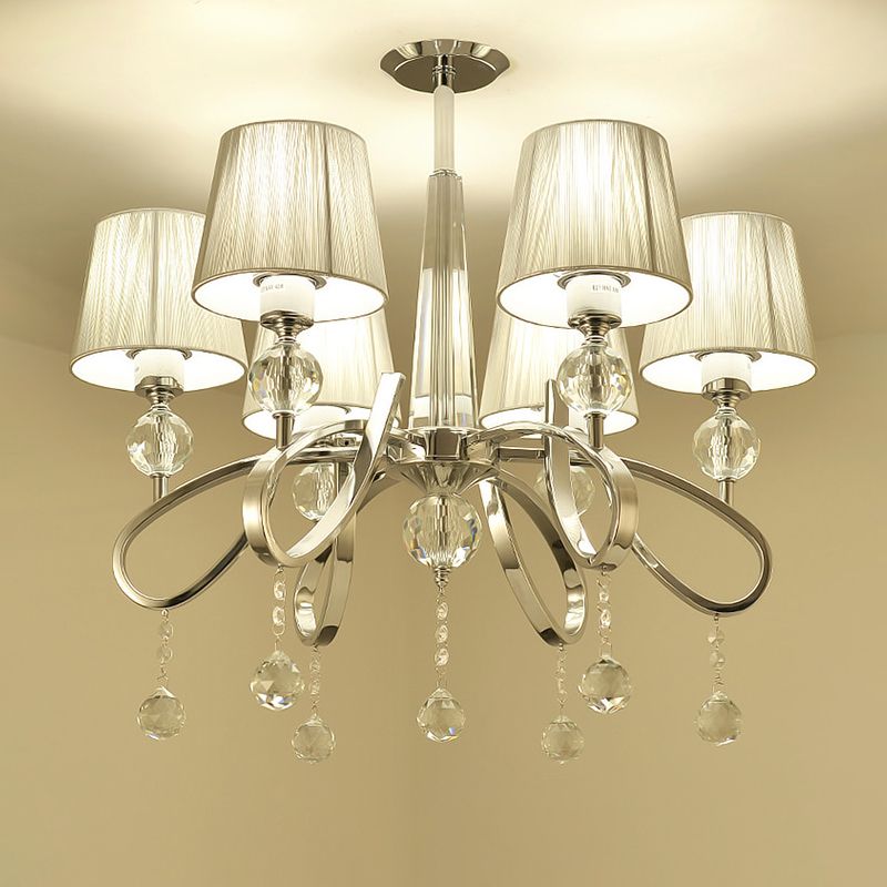 Stofkegel kroonluchter hanger modernisme 6 koppen gesuspendeerde verlichtingsarmatuur met kristalaccenten deco in chroom