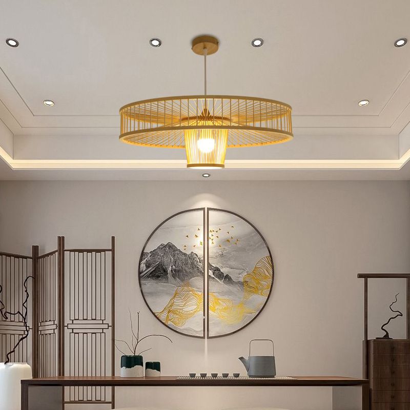 Asian Style Bamboo Weaving Suspension Light Single Bulb Creative Hanging Lighting Fixture in Beige