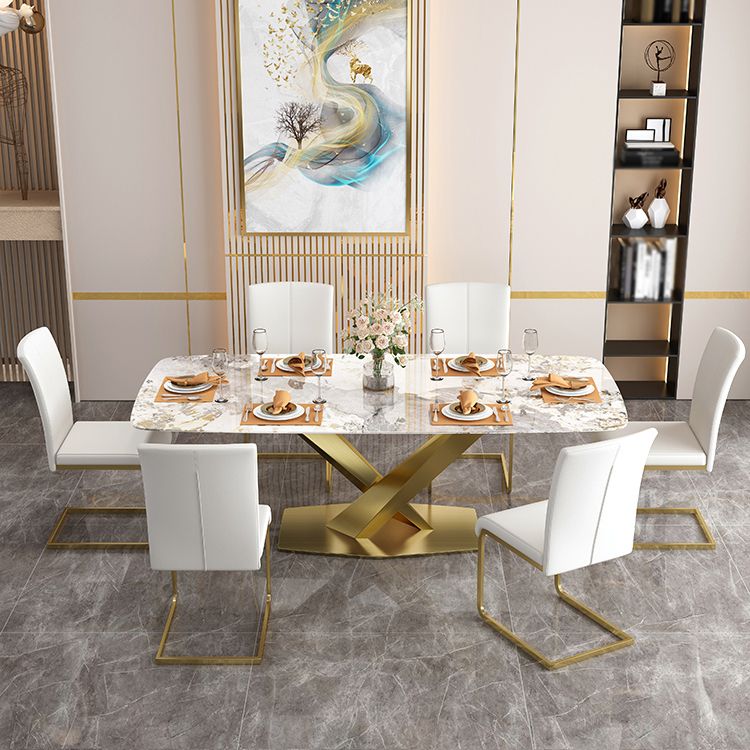 Sintered Stone Top Table for Restaurant Luxury Rectangle Table with Gold Metal Pedestal