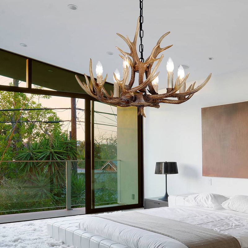 Brown 4/6/8 têtes CHANDELIER LIGHTING RUSTIC Resin Resin Candle Suspension Lampe avec bois pour salle à manger