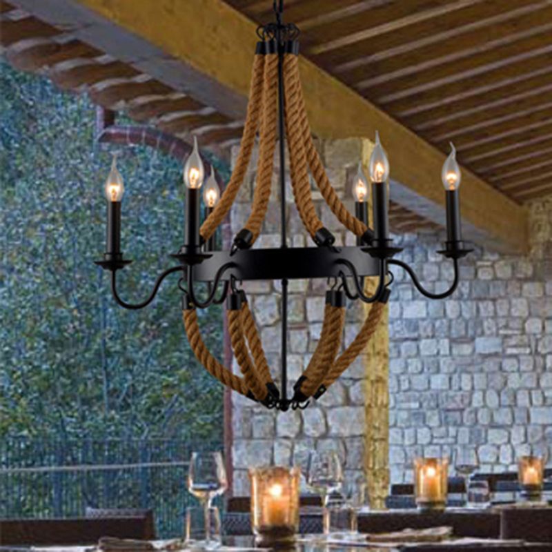 Black Wrought Iron Ceiling Hung Fixtures Vintage Rope Pendant Lighting for Bar