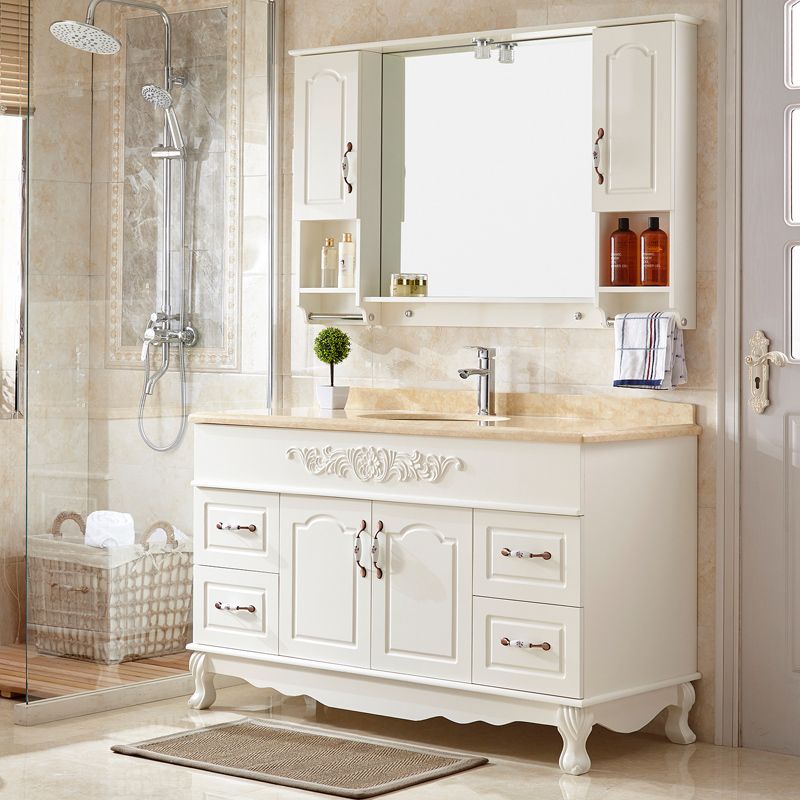 Wood Frame Bathroom Vanity White Freestanding Mirror Drawers Rectangle Vanity with 2 Doors