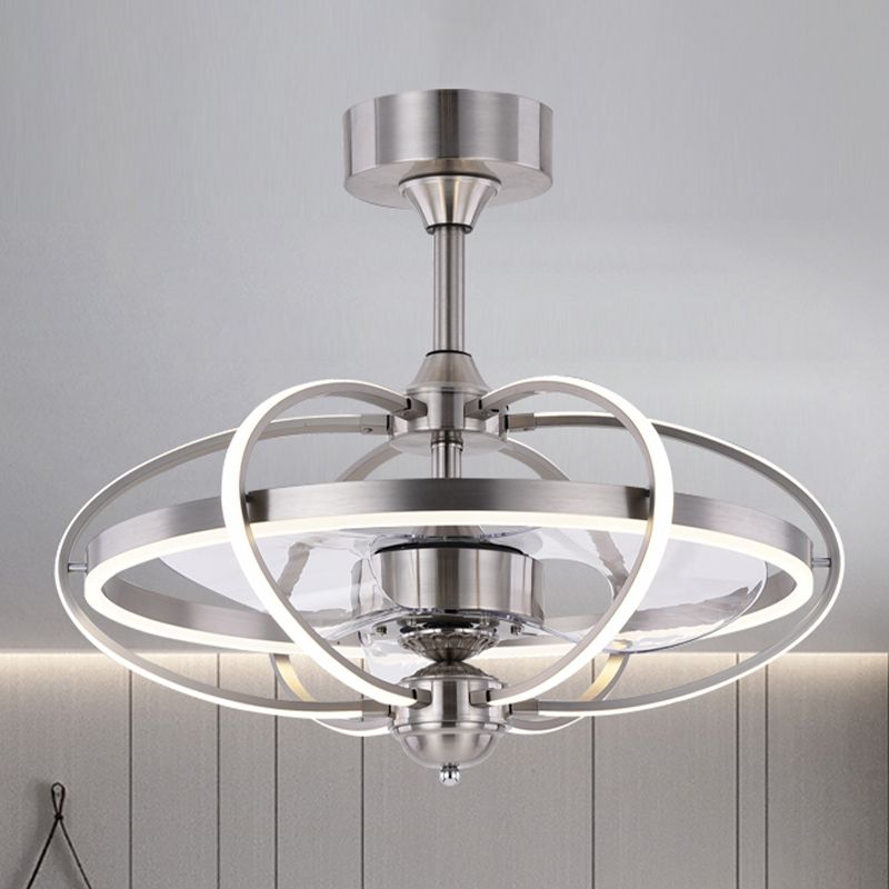 Silber/Weiß/Gold Oval Cage Semi Flush Mount Simplicity LED Silicon Hanging Lüfter Licht mit 3 braunen Klingen, 19,5 "H