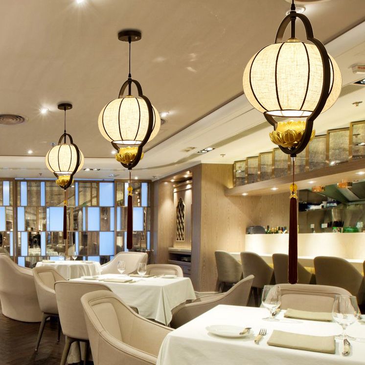 Living Room Ceiling Pendant Light Chinese Black Hanging Light Kit with Pumpkin Fabric Shade