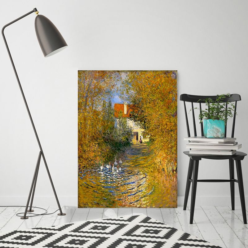 Geese in the Creek Art Print Textured Rustic House Interior Canvas in Yellow-Orange