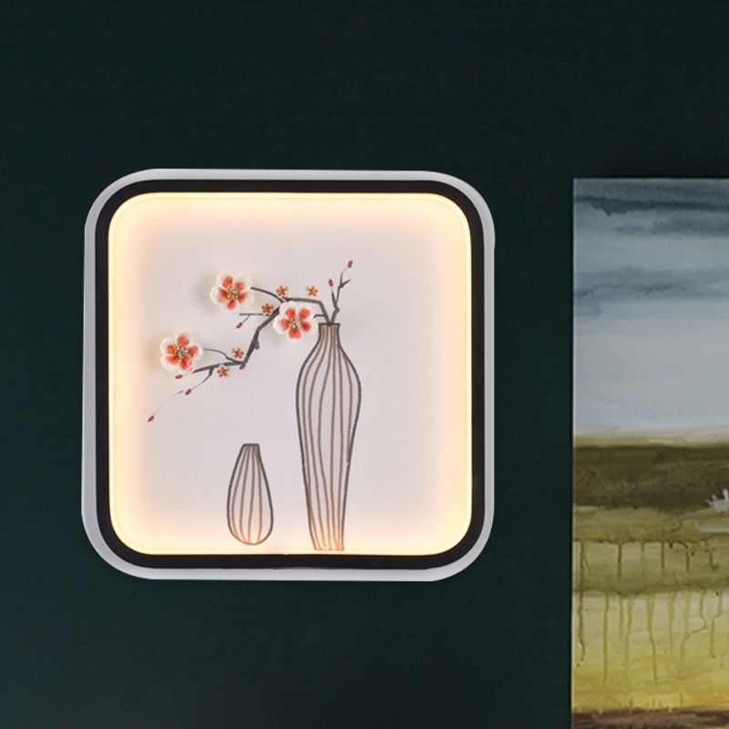 Asia Plum Flower Vase Ceramic Mural Light LED Wall Mount Lamp with Black Square Frame