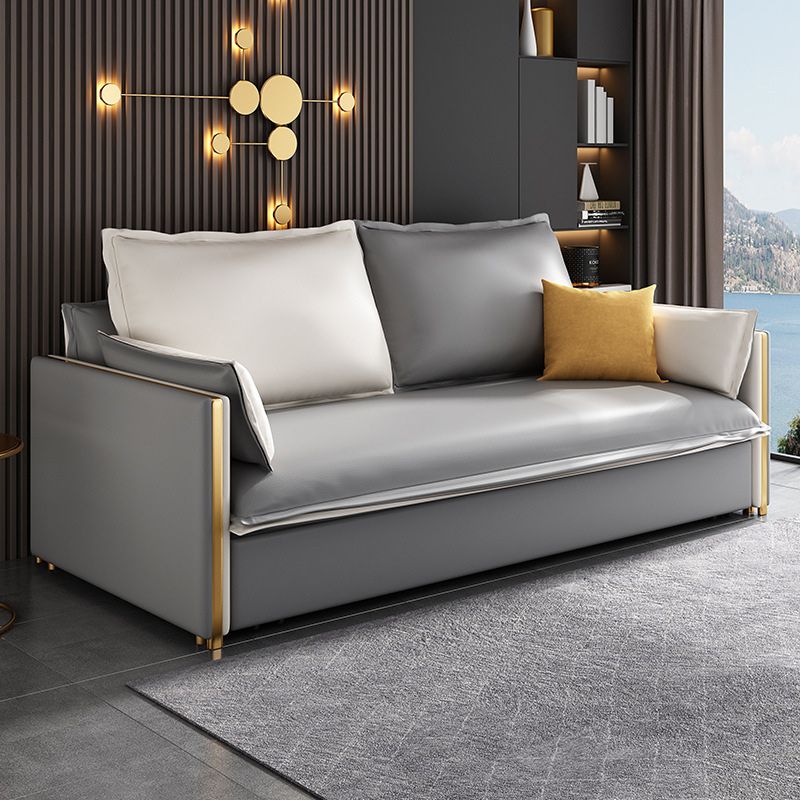 Modern Square Arm Sofa Bed Gray Faux Leather Sofa with Storage