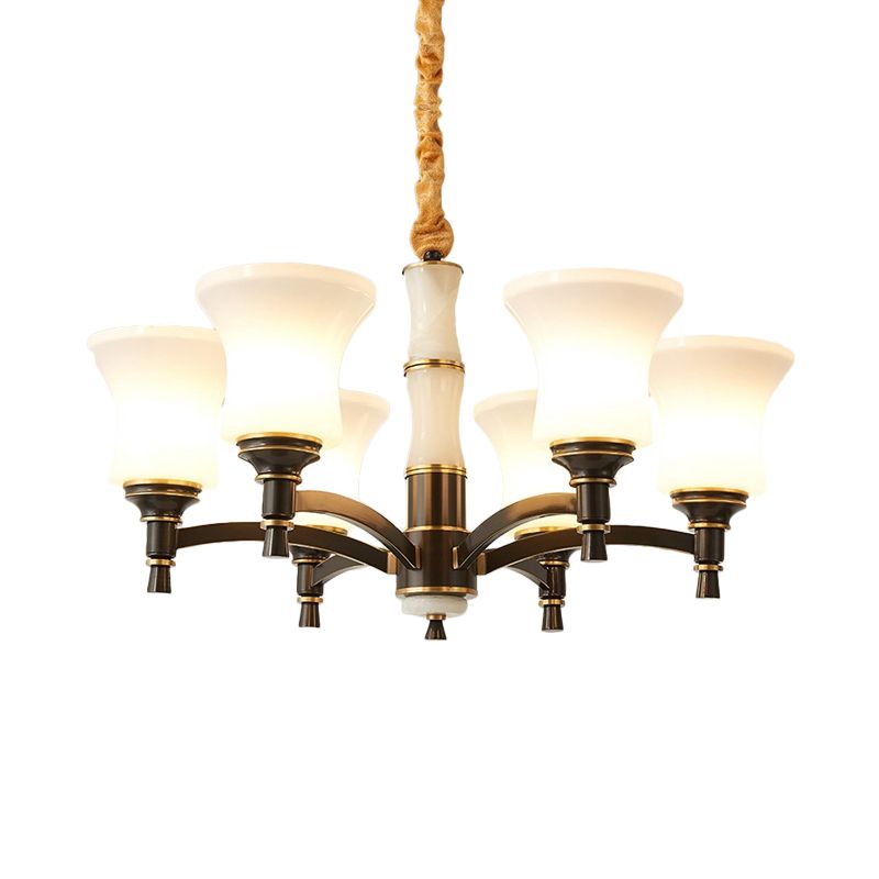 6/8 Lights Hanging Light Fixture Retro Living Room Chandelier Lamp with Bell White Glass Shade in Black