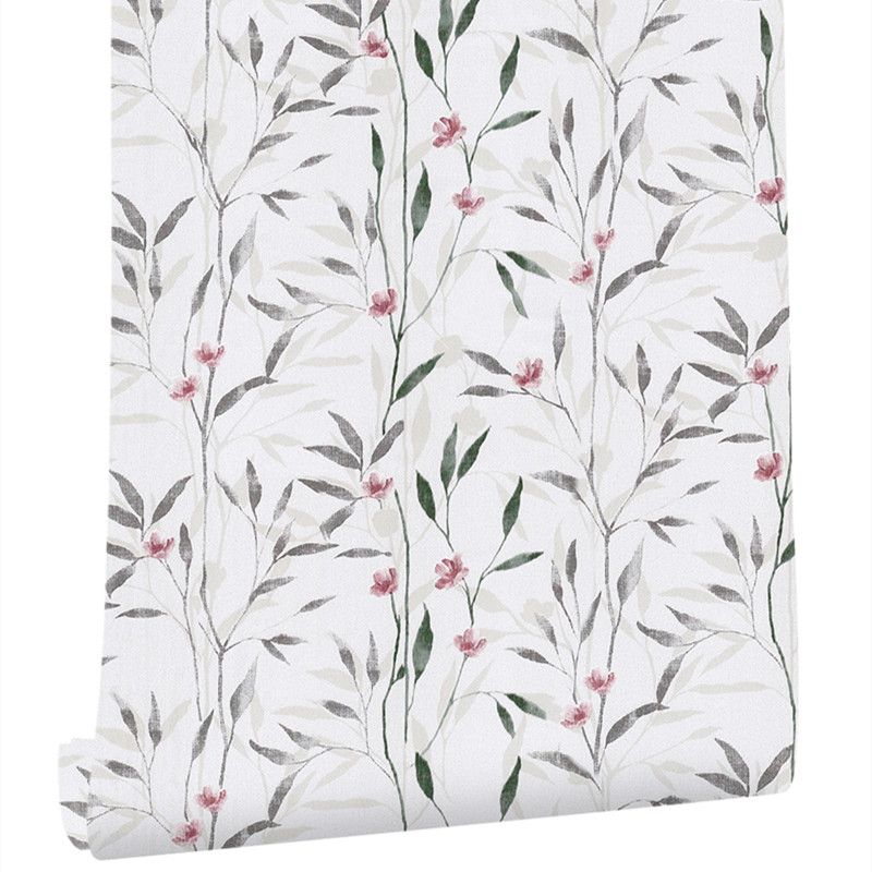Floral Peel and Stick Wallpaper in Red-Green on White Countryside Wall Art for Living Room, Temporary
