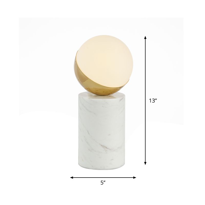Minimalist Ball Nightstand Light Cream Glass Single Bedside Table Lamp with Marble Pillar in Brass and White