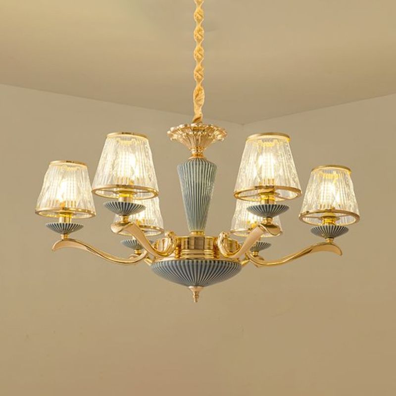 Clear Ribbed Glass Chandelier Lighting Antique Gold Conic Bedroom Ceiling Pendant Lamp