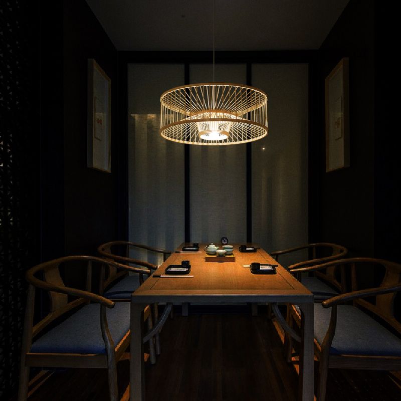 Drum Bamboo Pendant Lighting Contemporary Single-Bulb Wood Suspension Light Fixture
