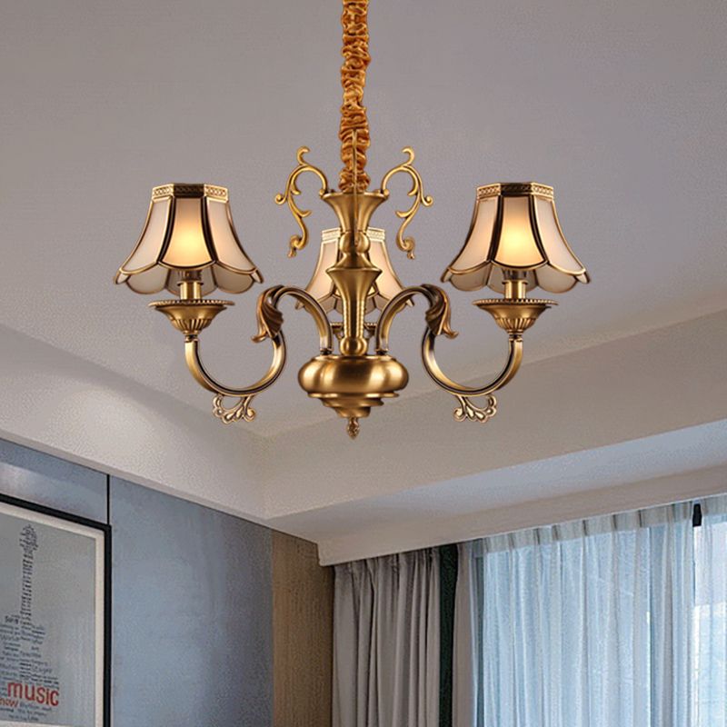 Frosted Glass Gold Pendant Chandelier Scalloped 3/5/6 Bulbs Colonial Suspended Lighting Fixture with Radial Design