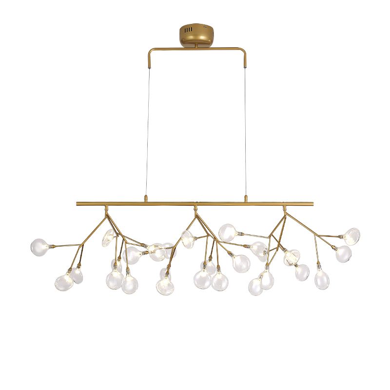 Minimalist 27-Bulb Island Light Brass Finish Branch Hanging Lamp with Glass Shade