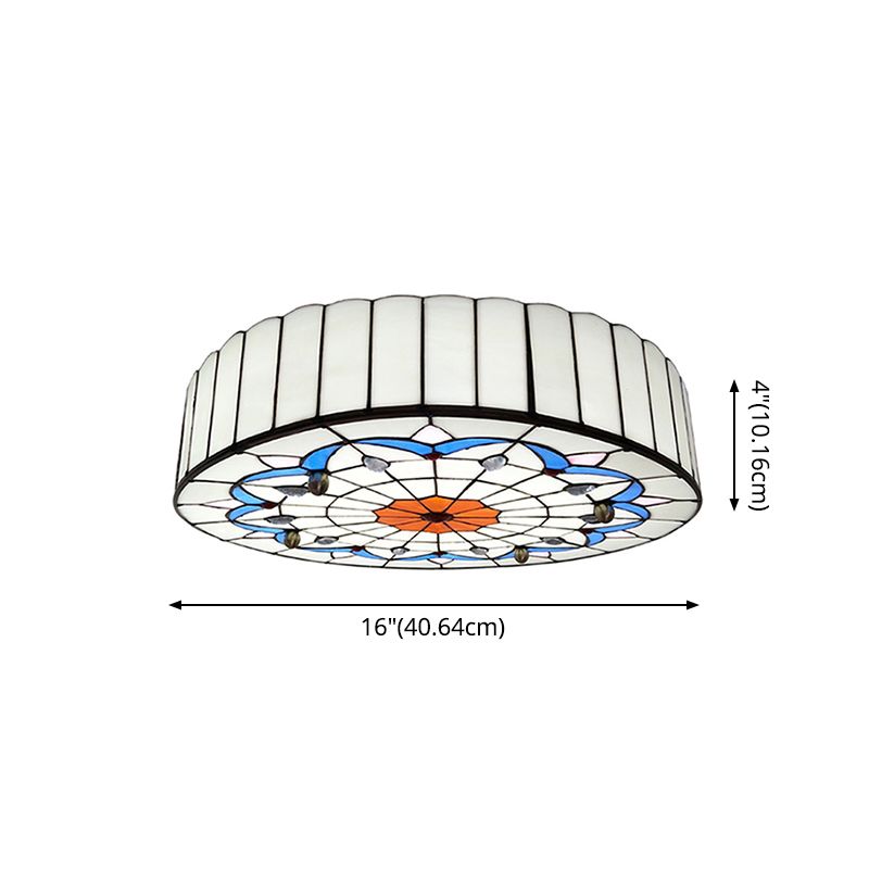 Drum Ceiling Mount Light Mediterranean Stained Glass Flush Mount Fixture for Bedroom