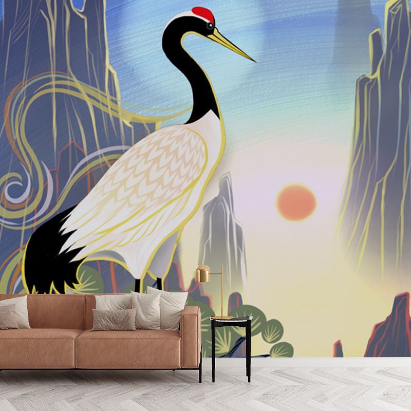 Non-Woven Stain Resistant Mural Chinese Red Crowned Crane with Sunrise Scenery Wall Art