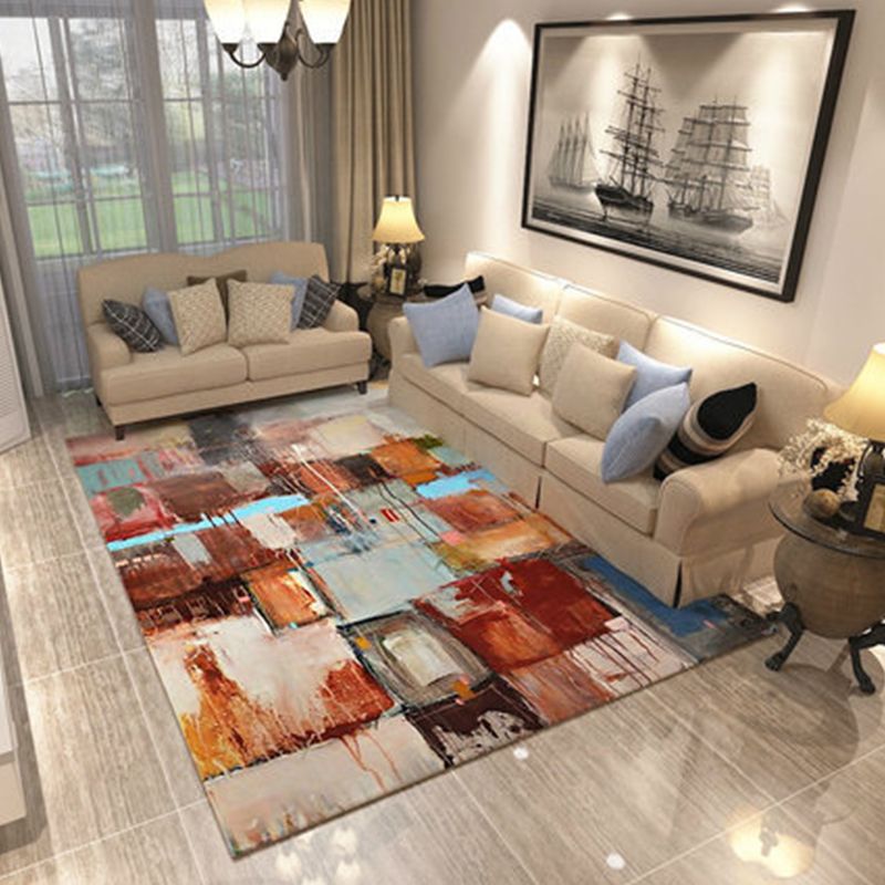 Red Multicolor Rug Polyester Oil Painting Print Rug Washable Non-Slip Backing Area Rug for Living Room