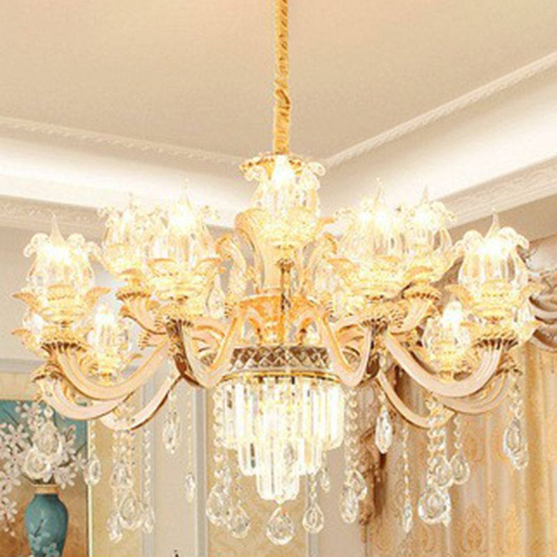 Opulentes Kristall Beige Deckenleichter Blütenförmiger traditioneller Kronleuchter für Esszimmer