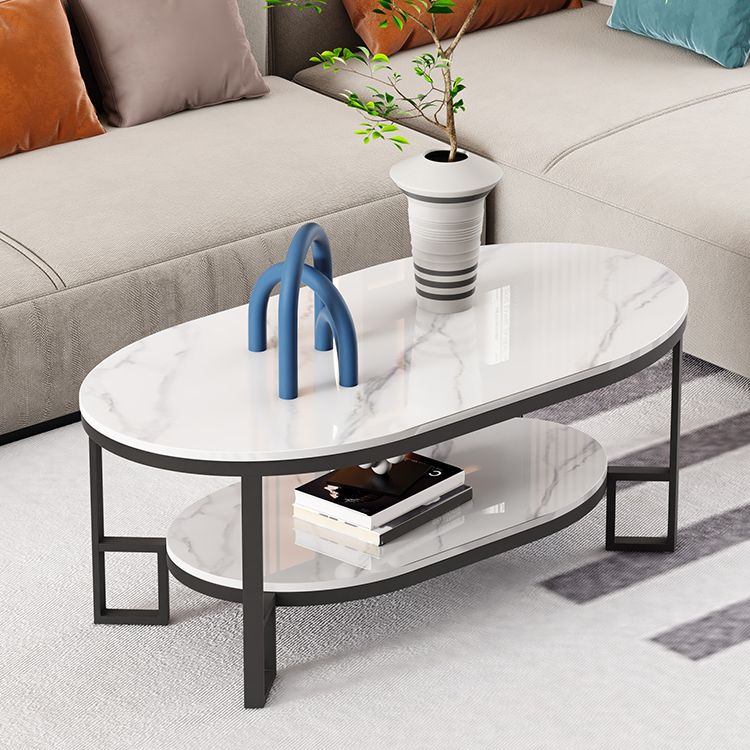 Oval Slate Top Coffee Table Iron 4 Legs Cocktail Table with Shelf