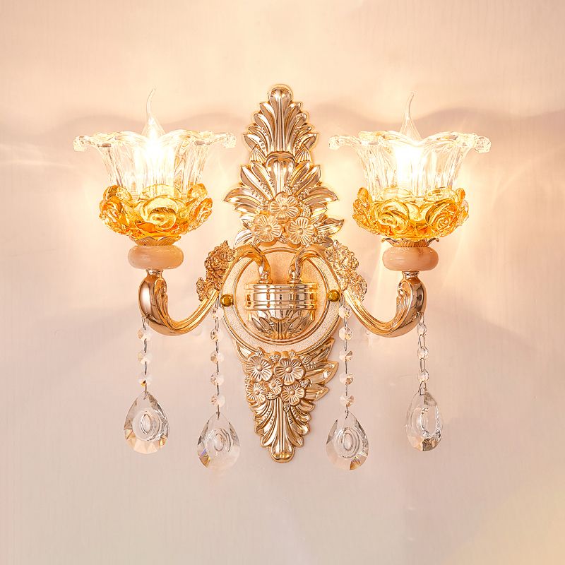 Gold Floral Ruffle Wall Mount Light Traditional Glass Corridor Wall Light Fixture with Crystal Accent