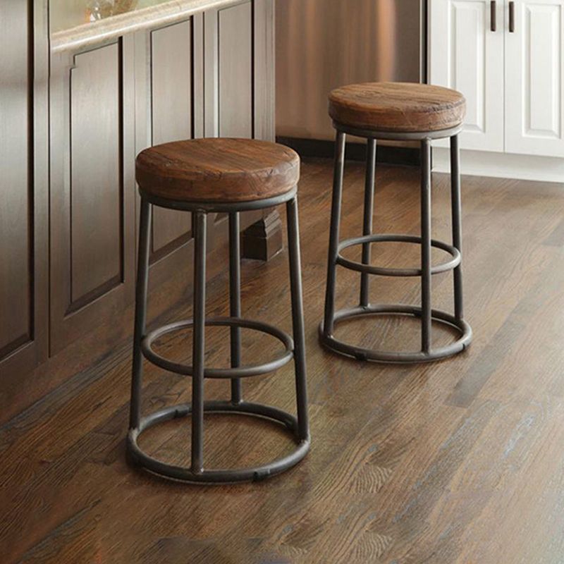 Brown Wood Backless and Armless Stool Industrial Bar and Counter Stool with Iron Legs