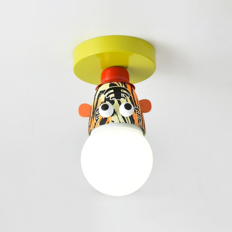 Single Bulb Bedroom Semi-Flush Mount Lighting Kids Yellow Ceiling Lamp with Giraffe / Monkey / Tiger Metal Shade