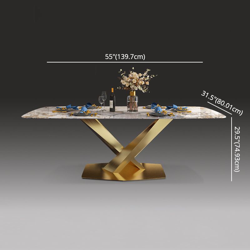 Minimalist Style Sintered Stone Dining Room Set with White Table and Gold Trestle Base for Home Use
