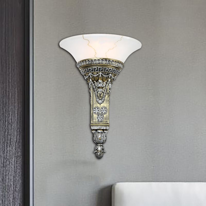 1 Light Wall Sconce Fixture with Flared White Glass Modern Style Living Room Wall Mount Light in Aged Silver