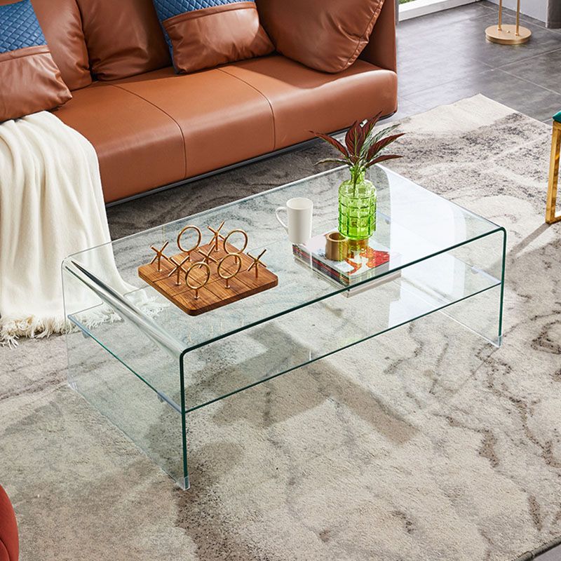 Modern Rectangle Glass Coffee Table Sled Base Cocktail Table with Shelf