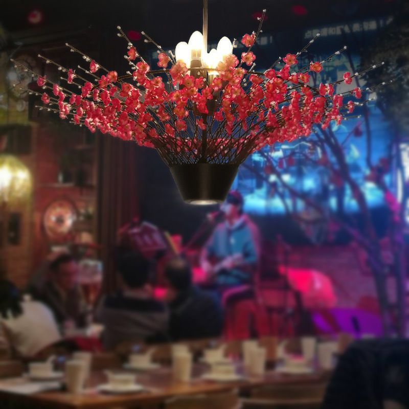 Floral Metal Chandelier Pendant Light Antique 4 Lights LED Restaurant Suspension Lamp in Pink, 31.5"/39" W